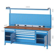 GLS Garaj 3645 Çalışma Tezgahı 7 Çekmeceli 2 Dolaplı Askı Panolu
